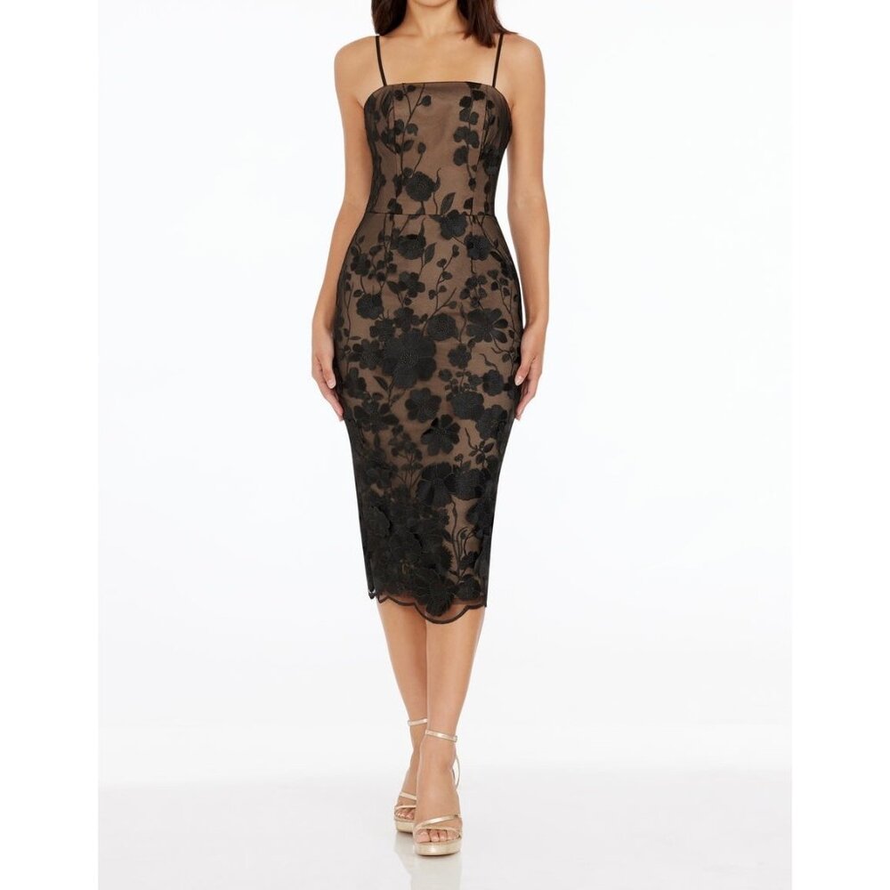 Dress the Population Womens Josselyn Sheath Dress Black Nude Embroidered size S